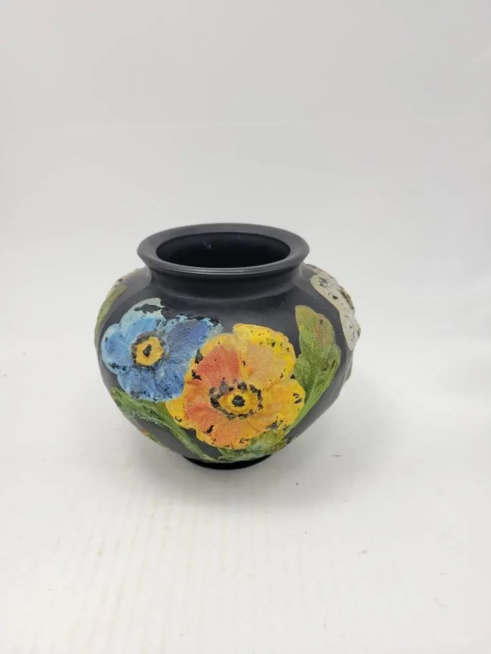 Vintage Tiffin Glass Black Satin Poppy Vase Art Deco Painted Coralene 5.5